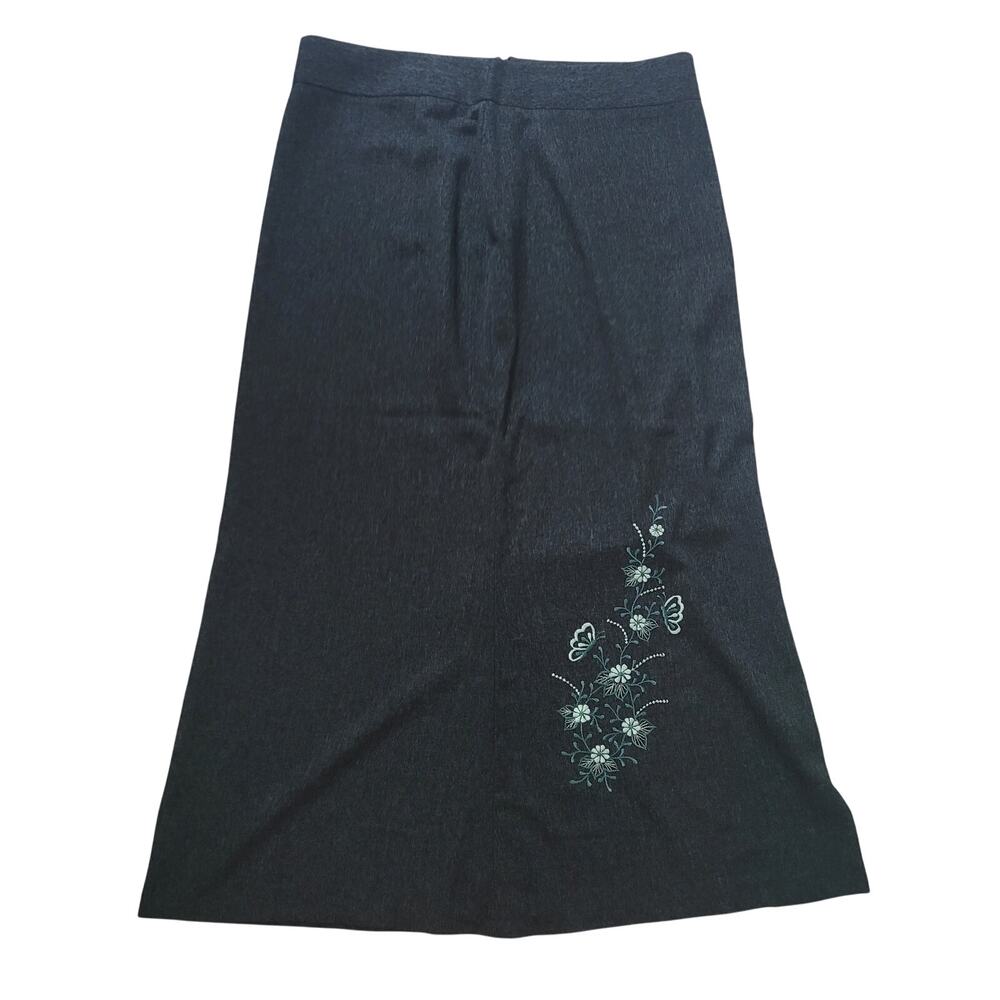 Navy Teal Embroidered Maxi Skirt with Slit Boho Festival Size 36